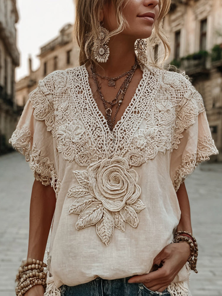 Women's Vintage Floral Art Print V Neck Short Sleeve Tops