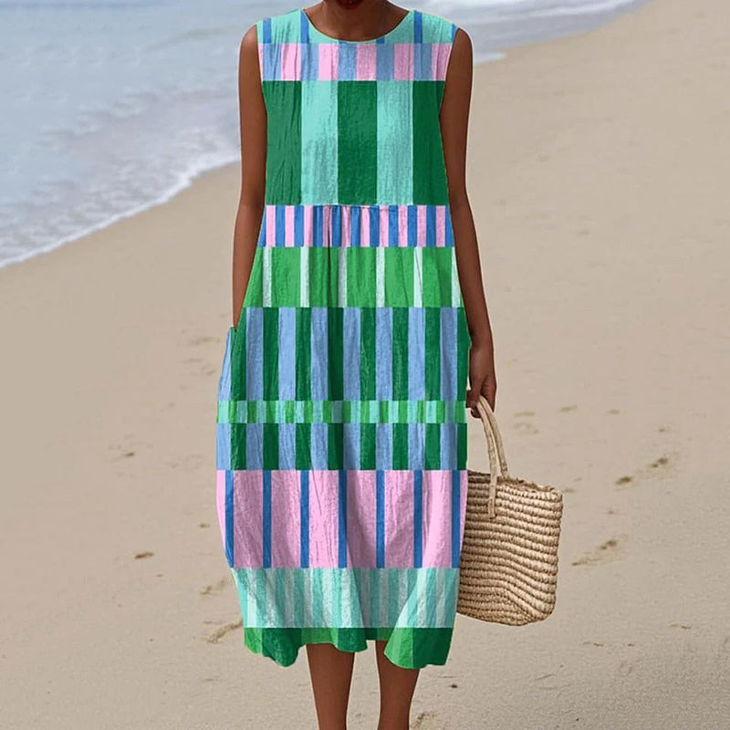 Vintage Loose Abstract Geometric Pattern Art Sleeveless Cotton And Linen Tank Dress