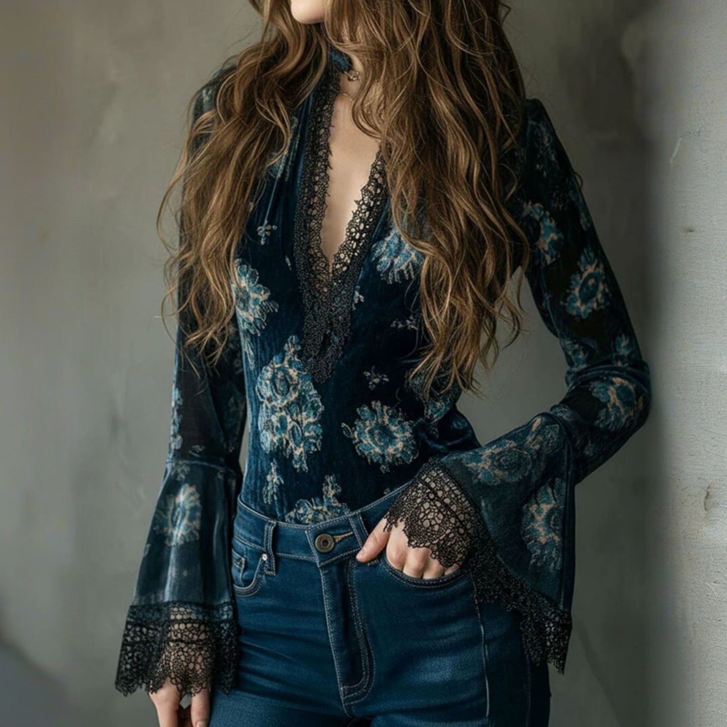 Women's Elegant Lace-trimmed Velvet V-neck Top