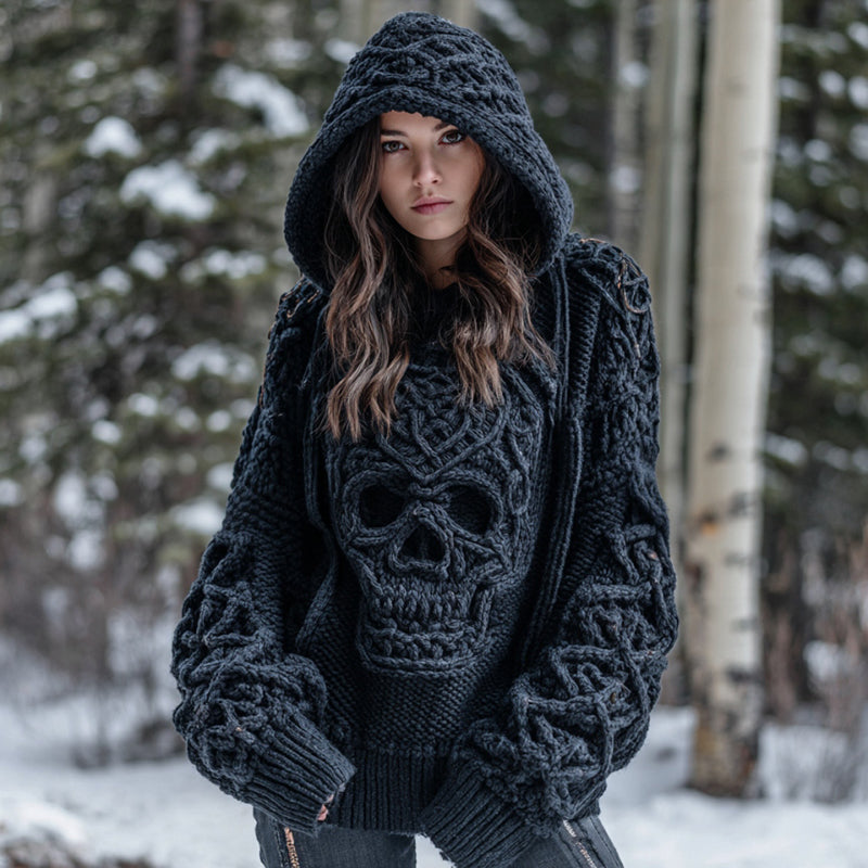 Women' Vintage Viking Tribal Celtic Skull Gradient Art Chunky Knit Hooded Sweater
