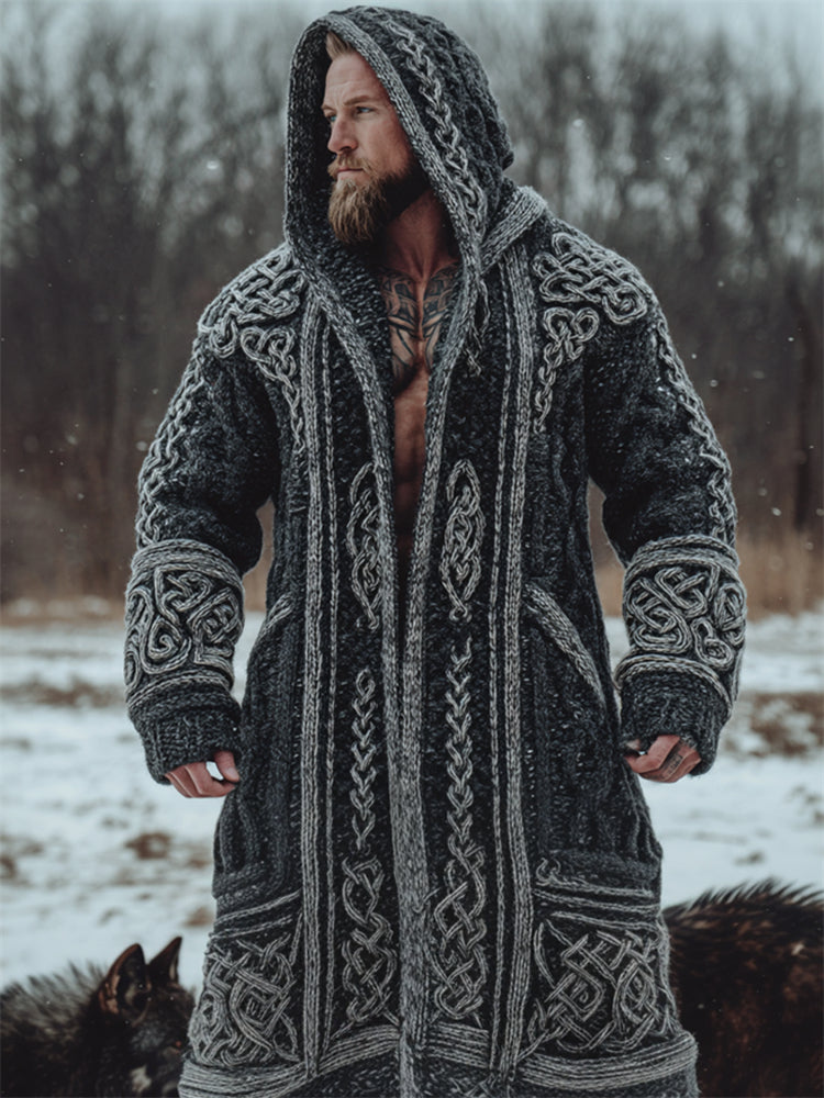 Men's Viking Contrast Celtic Knot Chunky Cozy Hooded Long Cardigan