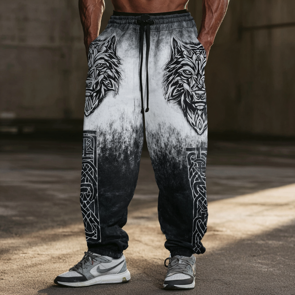 Men's Retro Viking Wolf Head Pattern Printed Casual Sweatpants