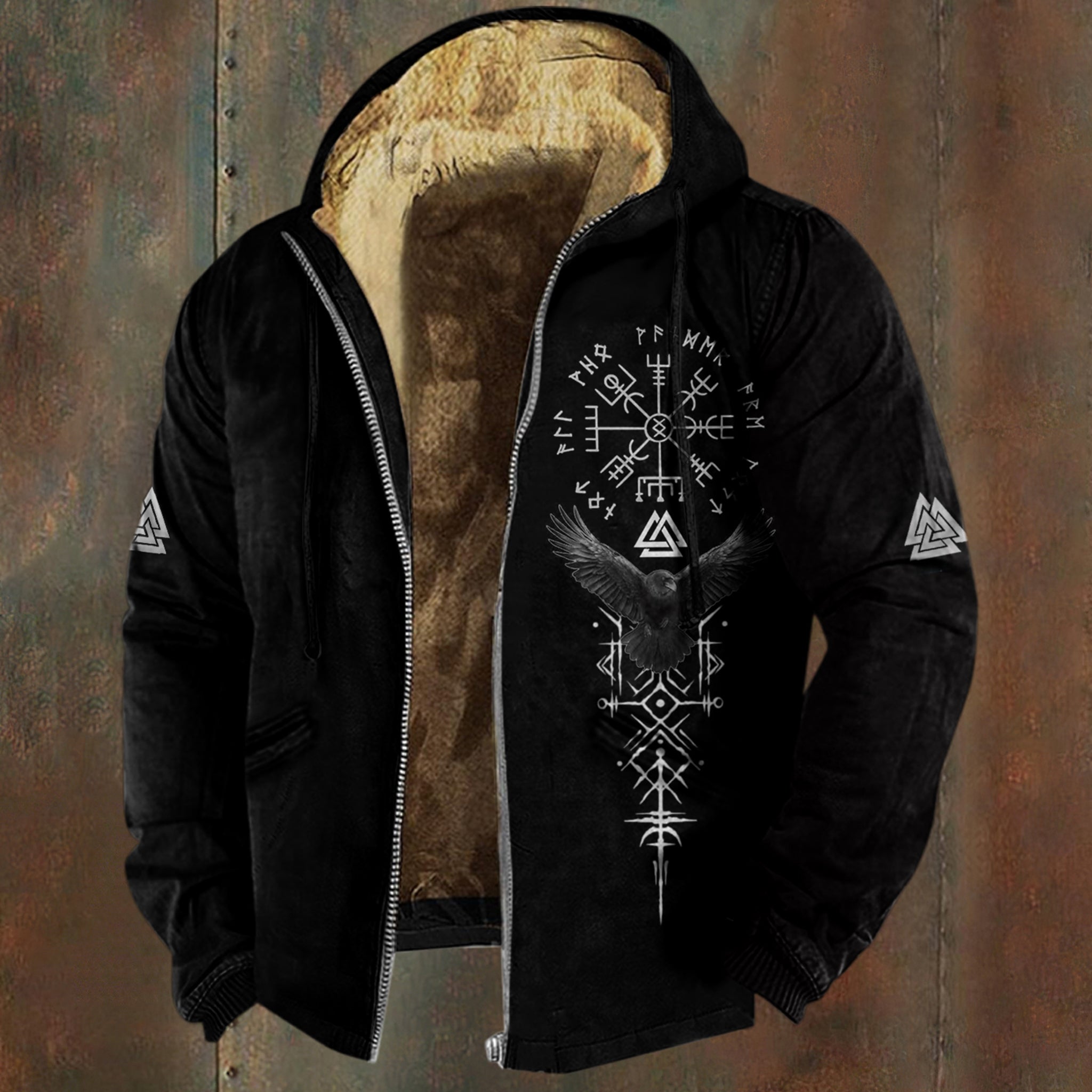Men's Viking Raven Runes Pattern Zipper Jacket