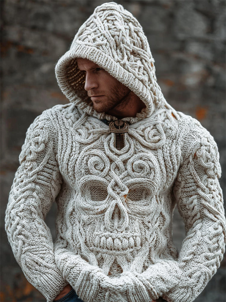 Men's Vintage Celtic Skull Chunky Cozy Knit Hooded Sweater