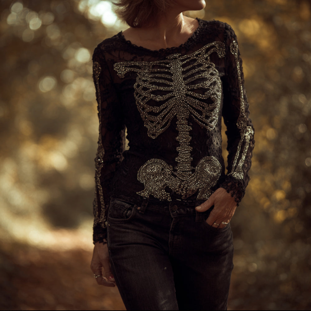 Women's Halloween Diamond Skull Lace Edge Round Neck Sweater