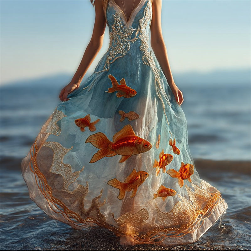 Aquarium Aesthetic Golden Fish Lace Flowy Maxi Dress