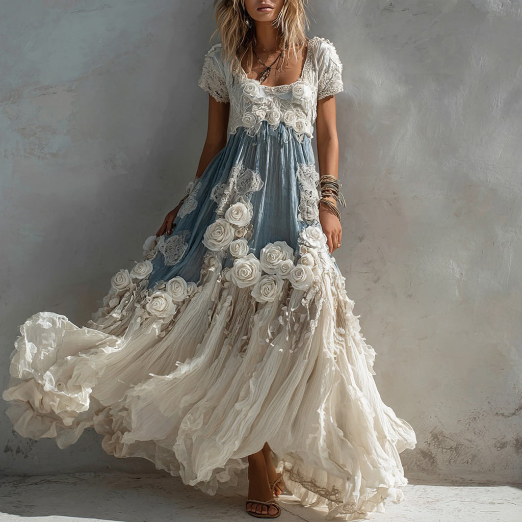 Women's Vintage White Rose Pattern Linen Short Sleeve Dress