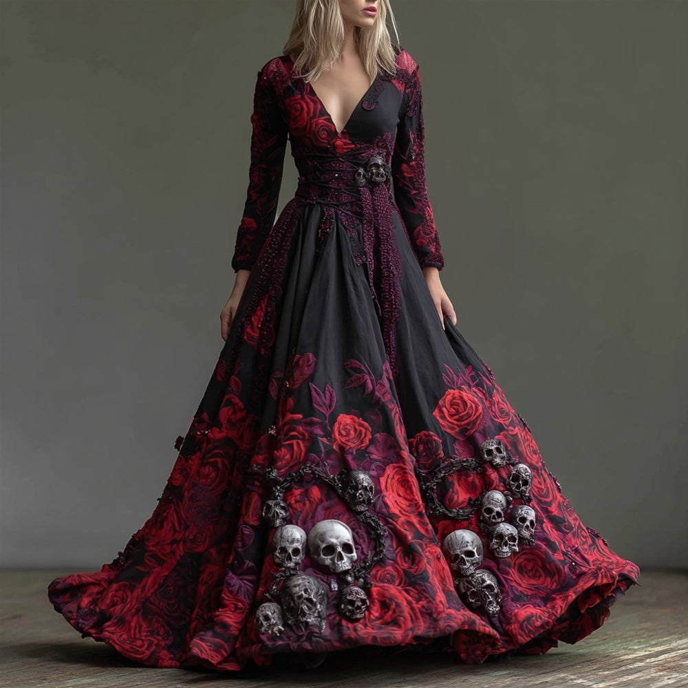 Vintage Gothic Roses & Skulls Embroidered Flowy Maxi Dress