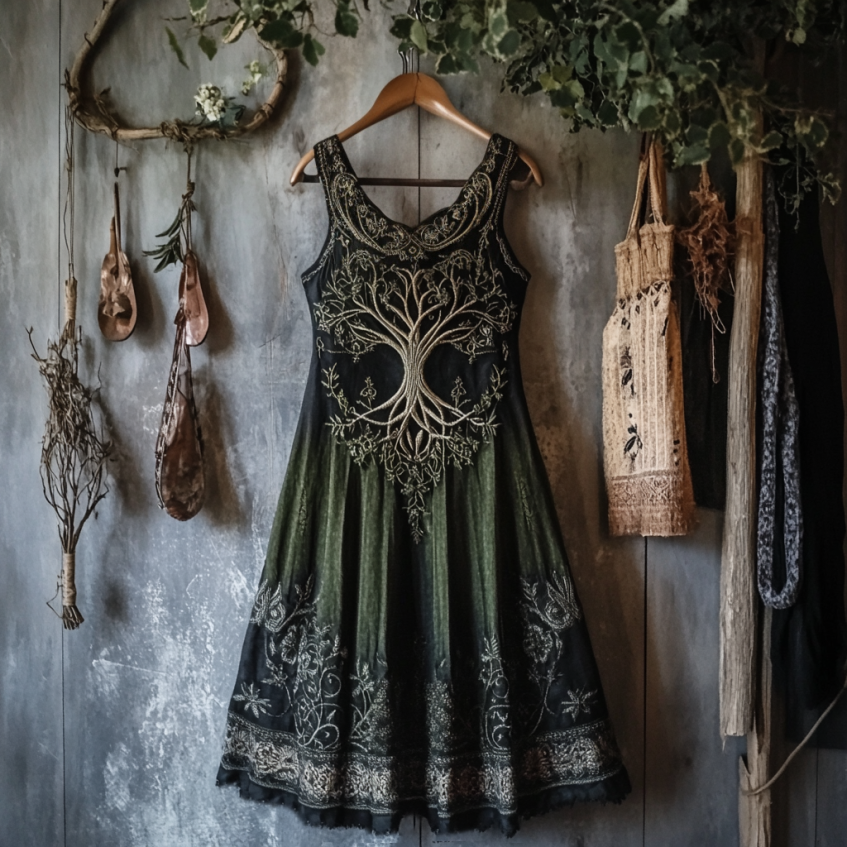 Vintage Tribal Celtic Knot Life Of Tree Lace Patchwork Art Linen Tank Dress