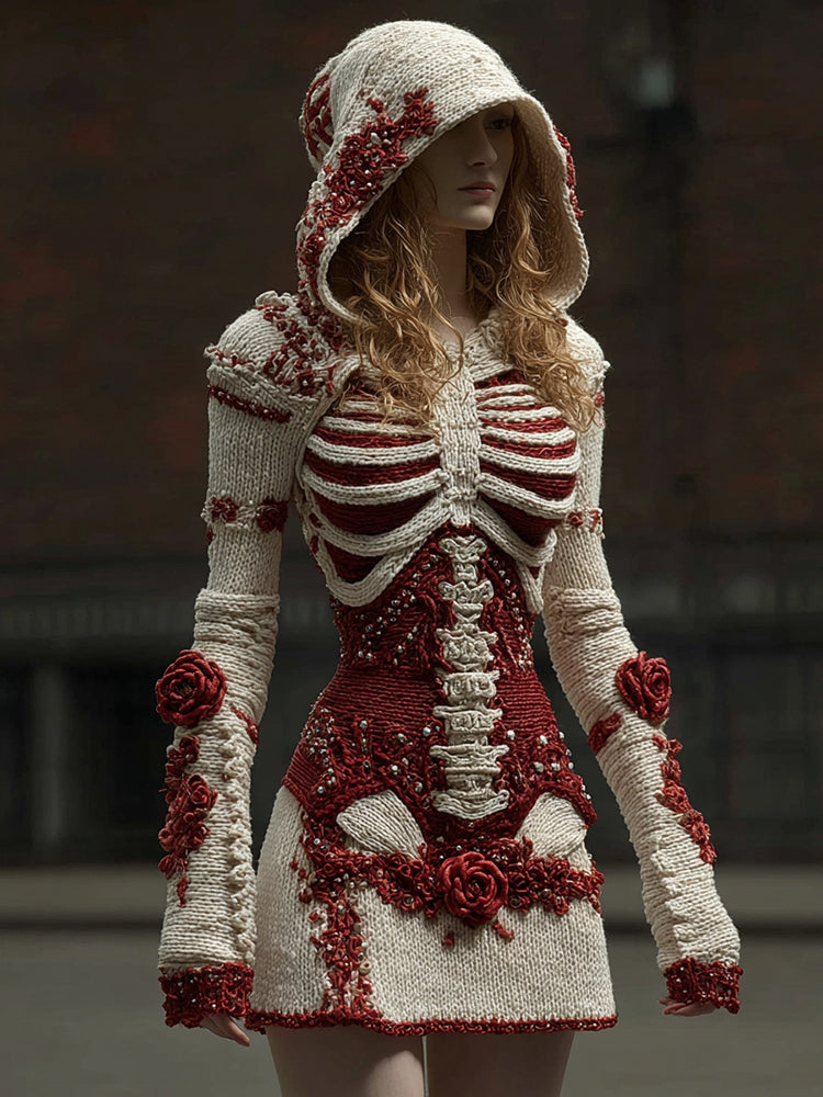 Vintage Skeleton Bones With Rose Women's Knit Hooded Sweater Dress