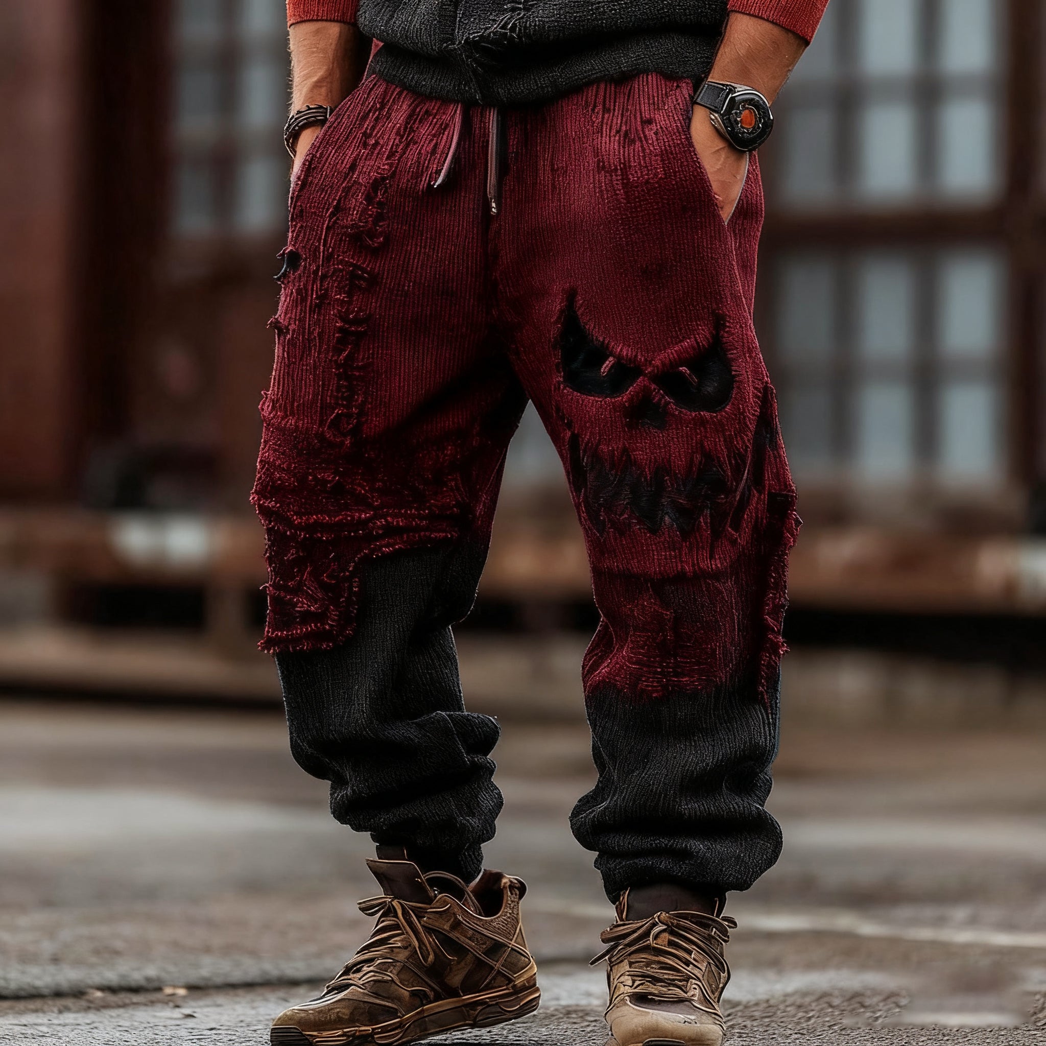 Men's Halloween Spooky Face Gradient Inspired Knitted Distressed Knit Casual Long Pants