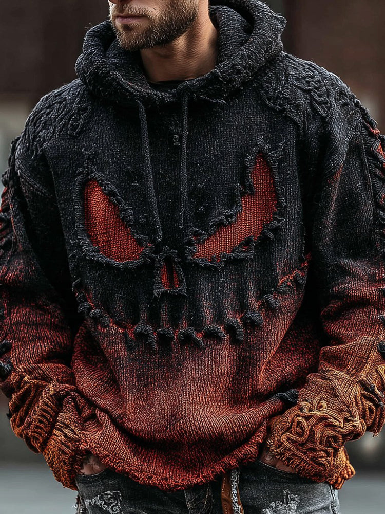 Men's Halloween Spooky Face Gradient Inspired Knitted Distressed Hooded Sweater