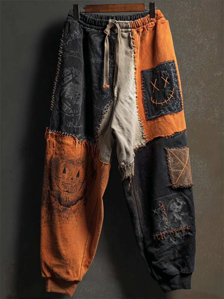 Halloween Stitched Faces Colorblock Patchwork Sweatpants