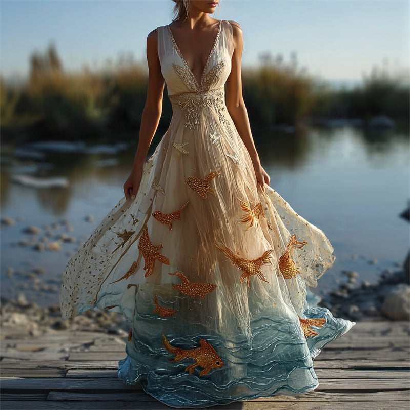 Aquarium Aesthetic Glitter Golden Fish Flowy Maxi Dress