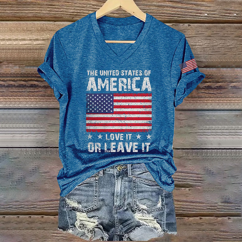 V-neck Retro Independence Day The United States Of America Love It Or Leave It Print T-shirt