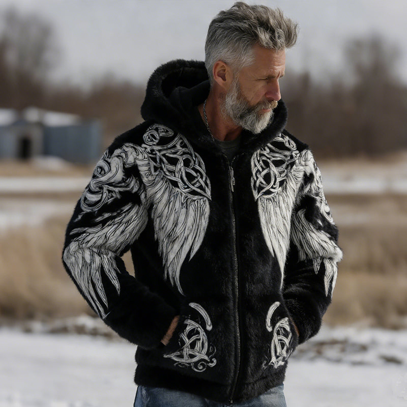 Men's Retro Viking Celtic Knot Wing Pattern Fleece Hoodie