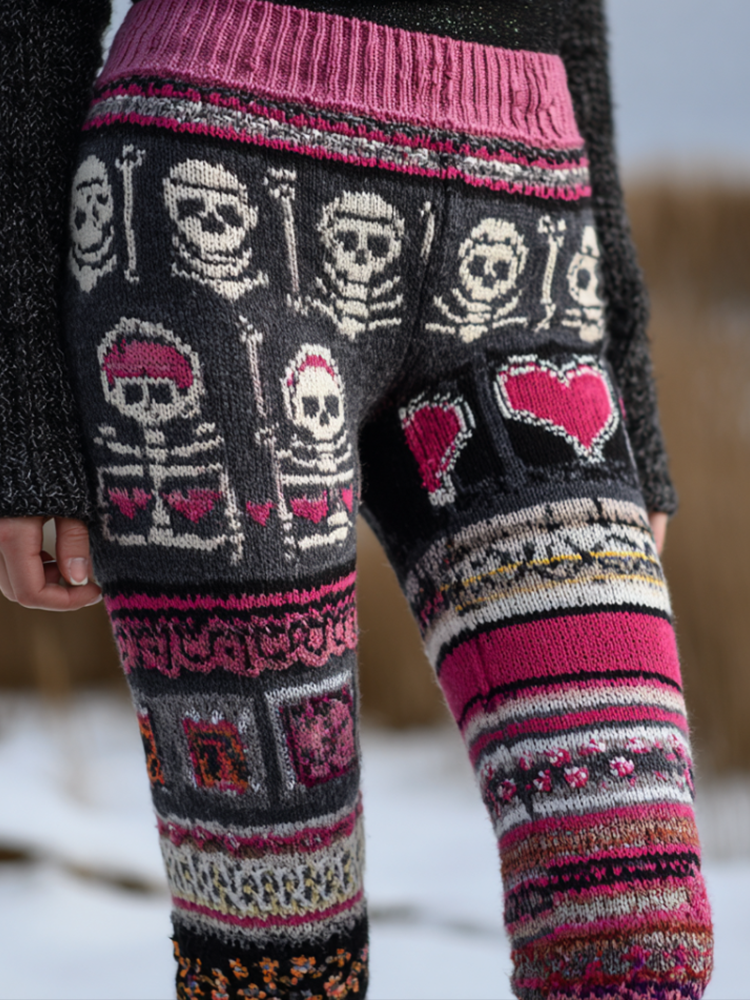 Halloween Skeleton And Heart Pattern Women's Knitted Wool Leggings