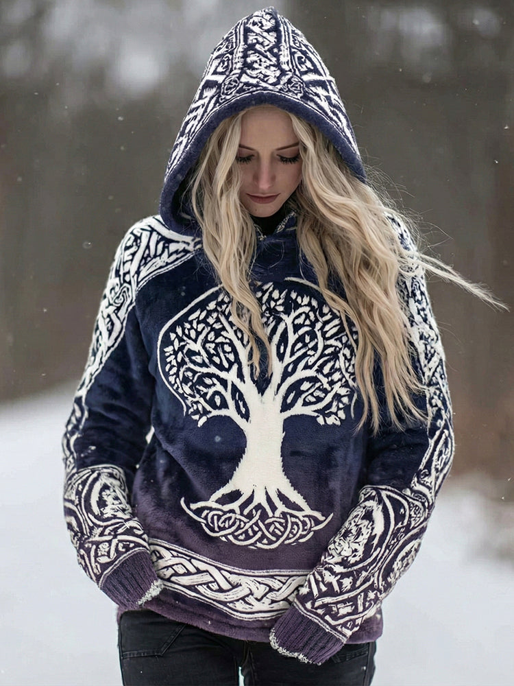 Women's Vintage Viking Celtic Tree Of Life Art Plush Cozy Hoodie