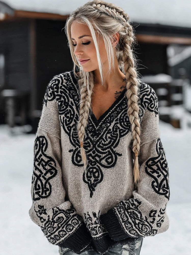 Women's Retro Viking Celtic Knot Pattern V-neck Knit Sweater