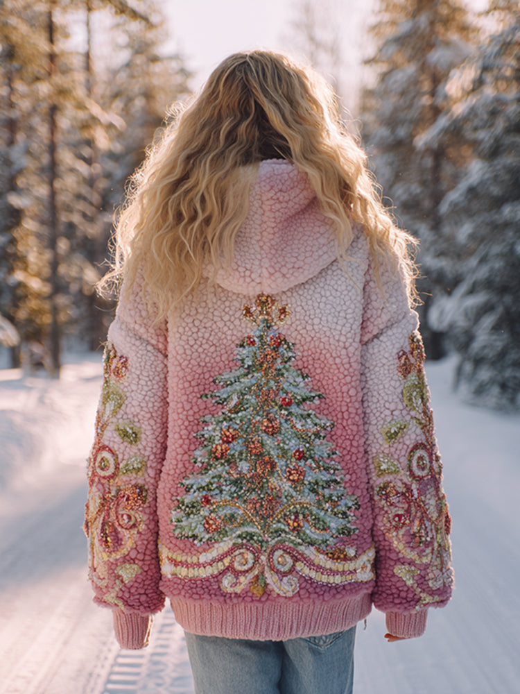 Rhinestone Christmas Tree Ombre Plush Hoodie