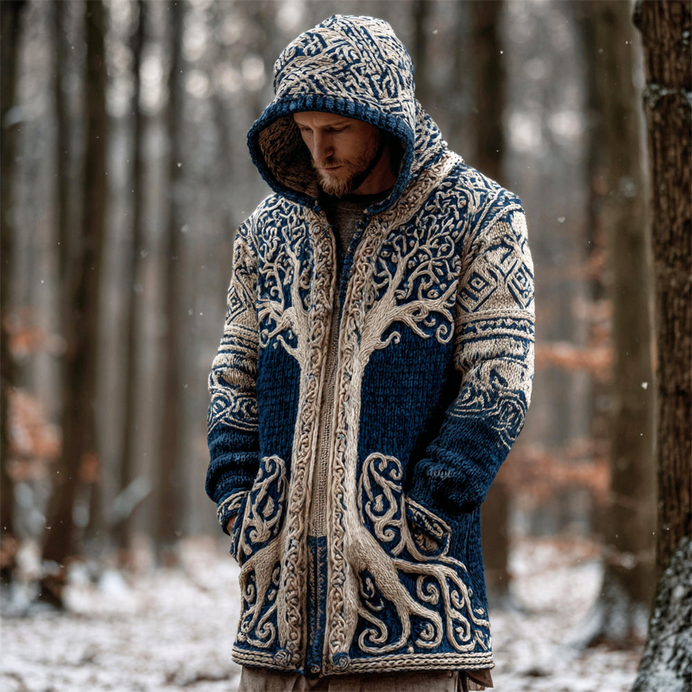 Viking Tree Of Life Men's Chunky Knit Hooded Zipper Sweater Cardigan