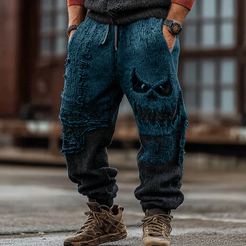Men's Halloween Spooky Face Gradient Inspired Knitted Distressed Knit Casual Long Pants
