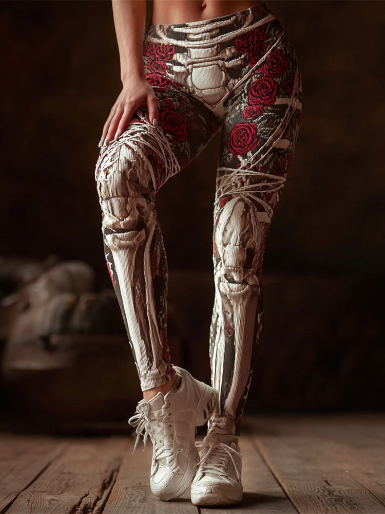 Halloween Thigh Bone Frame & Floral Art Women's Knit Leggings