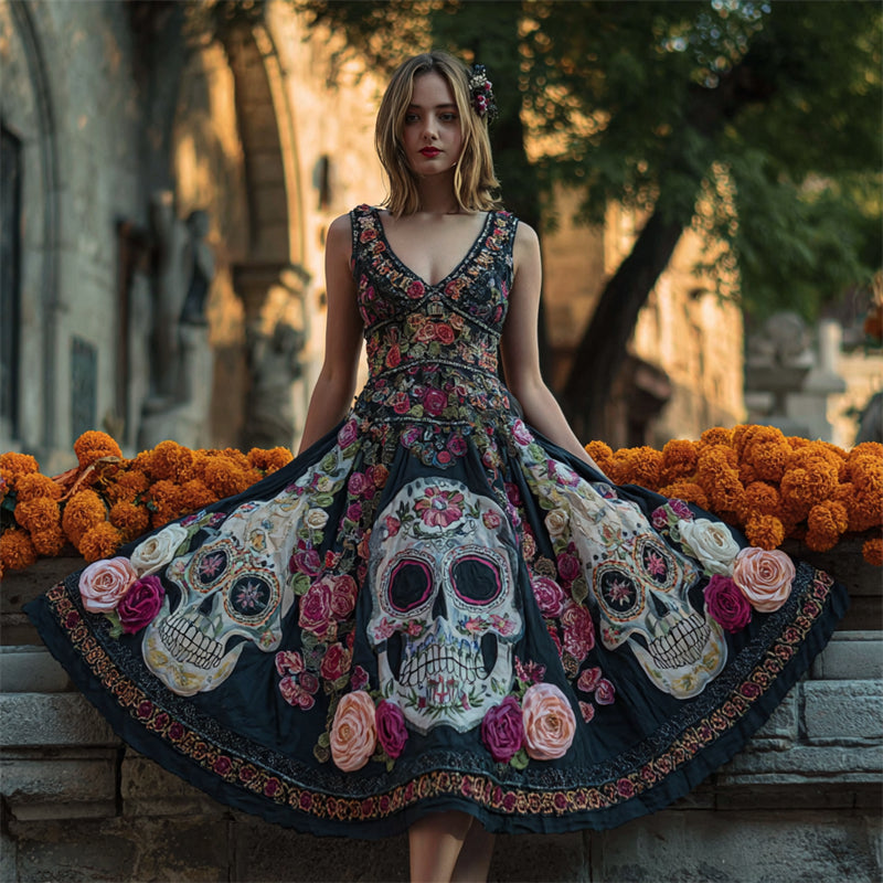 Day Of The Dead Sugar Skulls Floral Embroidered Linen Maxi Dress