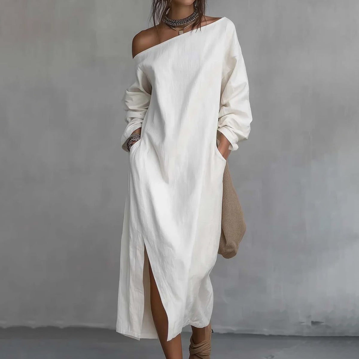 Women's Casual Solid Color One-shoulder Cotton Linen Maxi Dress