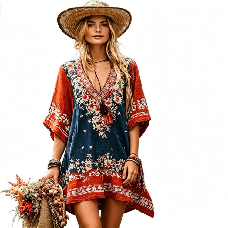Women's American Western Country Style Floral Embroidered Patchwork Art V-neck Dress