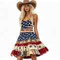 Women's Retro Independence Day Patchwork American Flag Art Casual Linen  Suspender Mini Dress