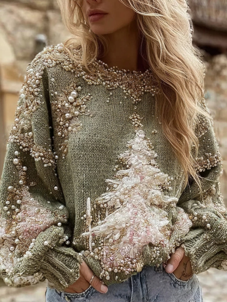 Women's Vintage Christmas Tree Pattern Cozy Knit Pullover Sweater