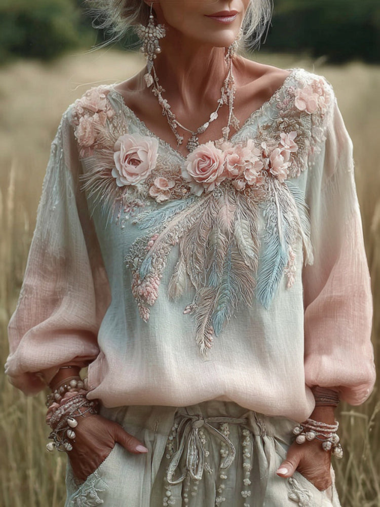 Women's Feather Floral Embroidery Linen V-neck T-shirt