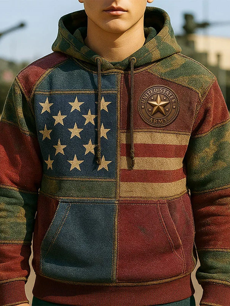 Men's Vintage Army Art Print Casual Hoodie