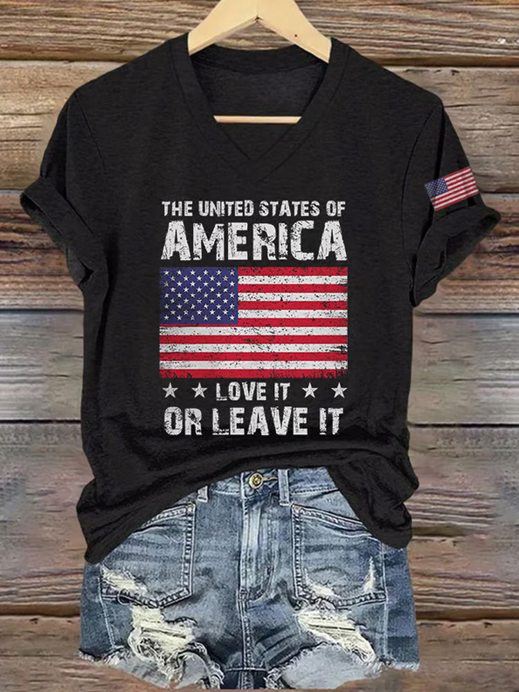 V-neck Retro Independence Day The United States Of America Love It Or Leave It Print T-shirt