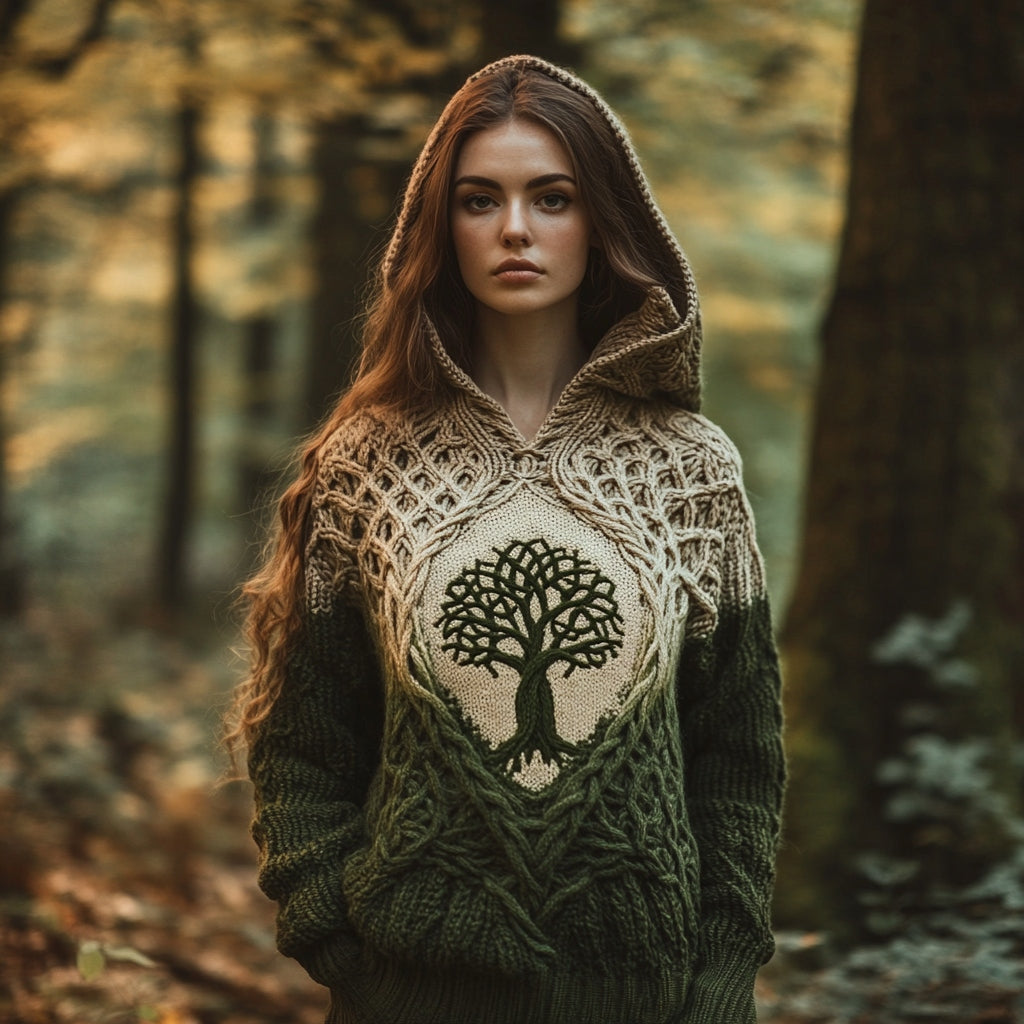 Women's Celtic Tree Of Life Jacquard Contrast Hooded Sweater