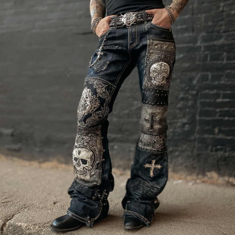 Rock Punk Skull Cross Element Retro Distressed Heavy Workwear Men's Denim Long Pants