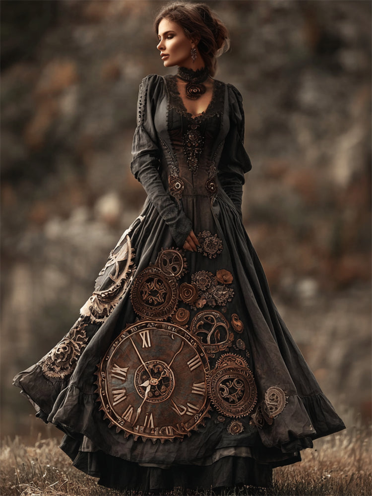 Vintage Steampunk Clock & Gear Linen Maxi Dress