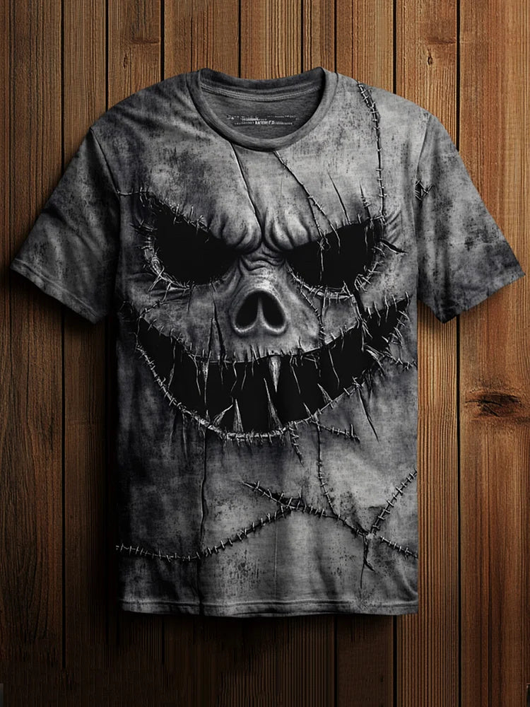 Vintage Halloween Horror Scary Face Stitch Printed Casual Loose T-shirt