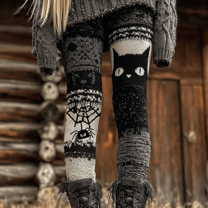 Halloween Black Cat And Spider Jacquard Patchwork Cozy Knit Leggings