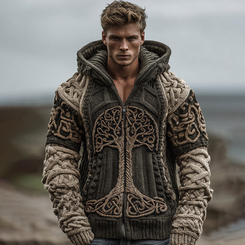 Men's Viking Tree Of Life Celtic Art Knit Hooded Zip-up Sweater