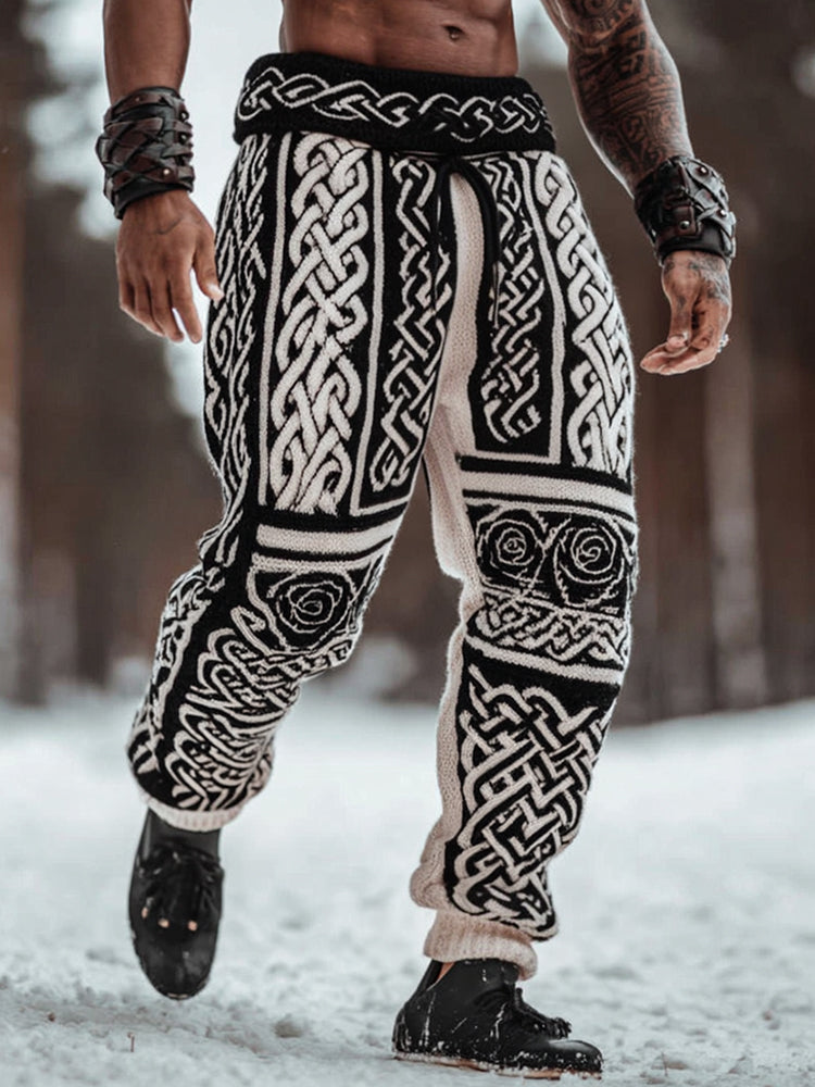Men's Viking Celtic Knot And Rose Art Knitted Jacquard Thermal Pants