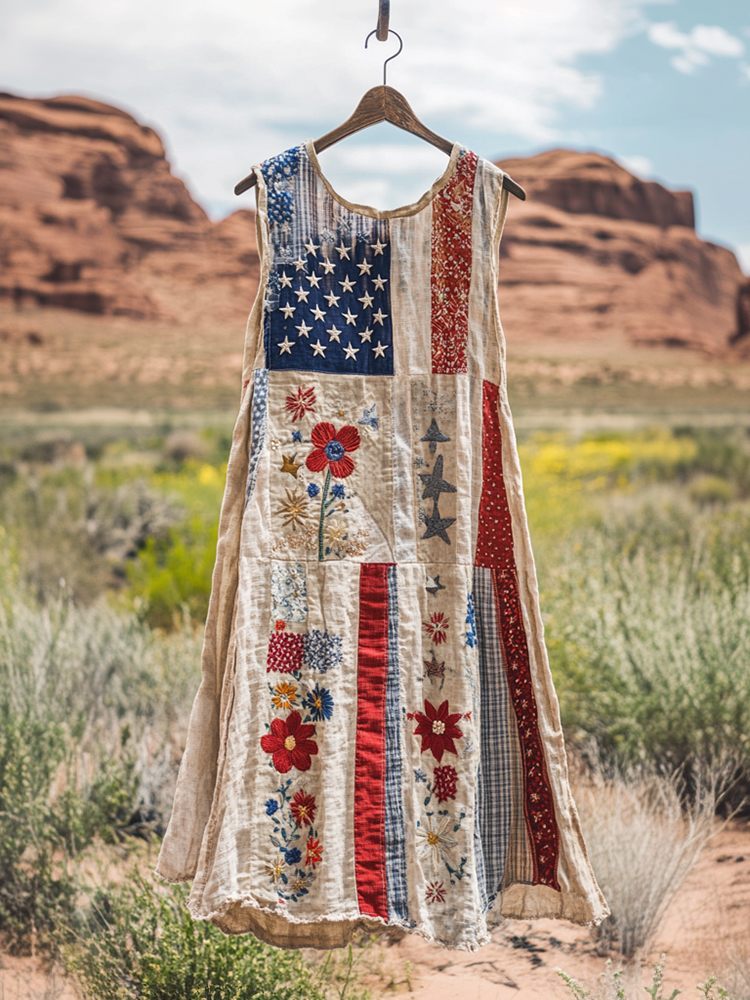 Vintage Independence Day American Flag Patch Floral & Paisley Art Linen Tank Dress