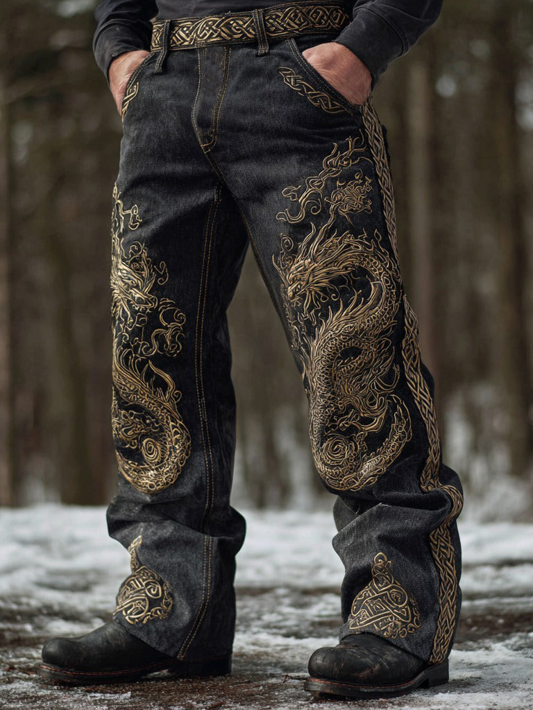 Viking Style Celtic Dragon Art  Men's Washed Straight-leg Jeans