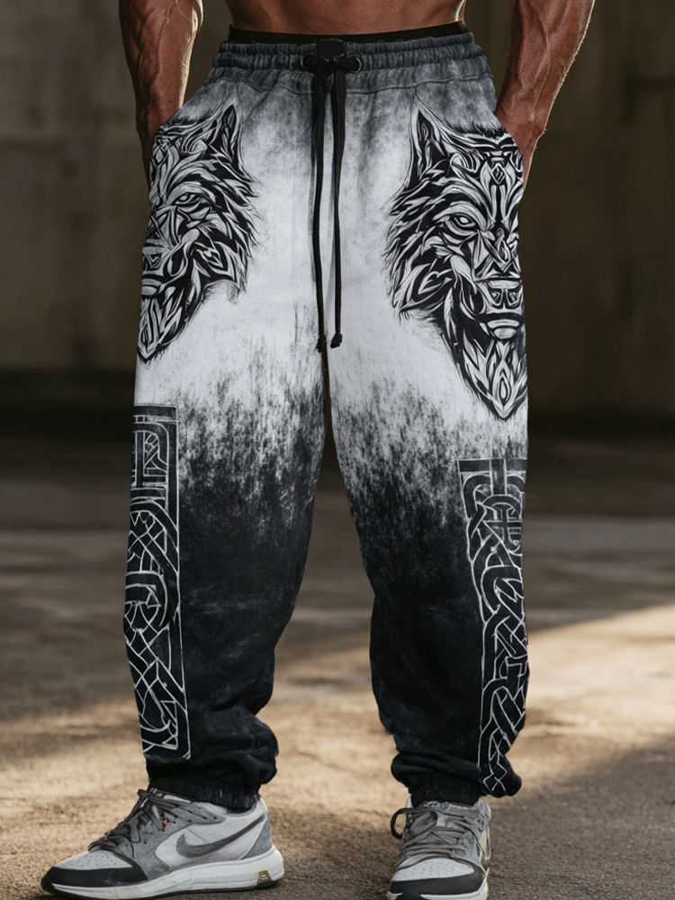 Men's Retro Viking Wolf Head Pattern Printed Casual Sweatpants