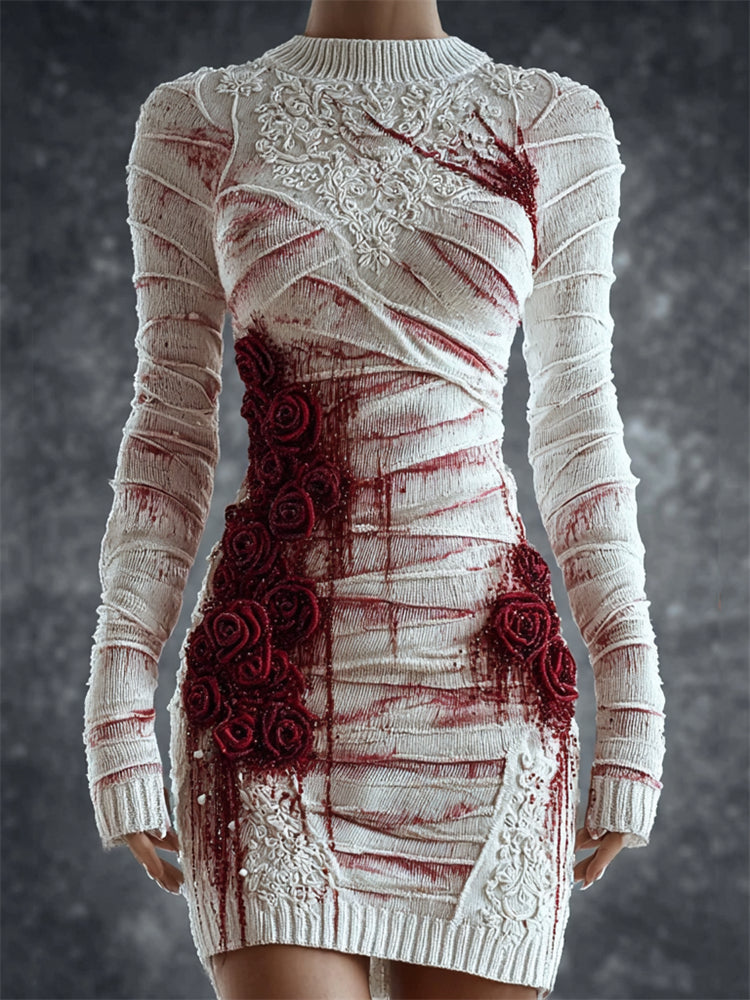 Bloody Bandages & Roses Lace Embroidered Cozy Knit Sweater Dress