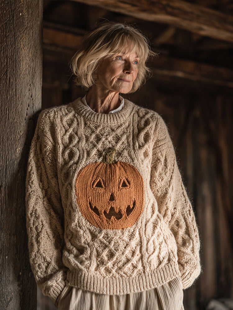 Vintage Halloween Pumpkin Embroidered Chunky Sweater