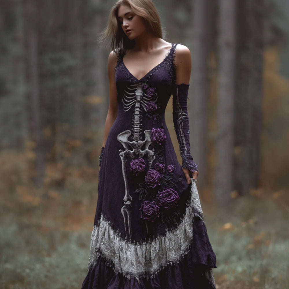 Women Halloween Skeleton Rose Night Purple Strap Making Old Dress