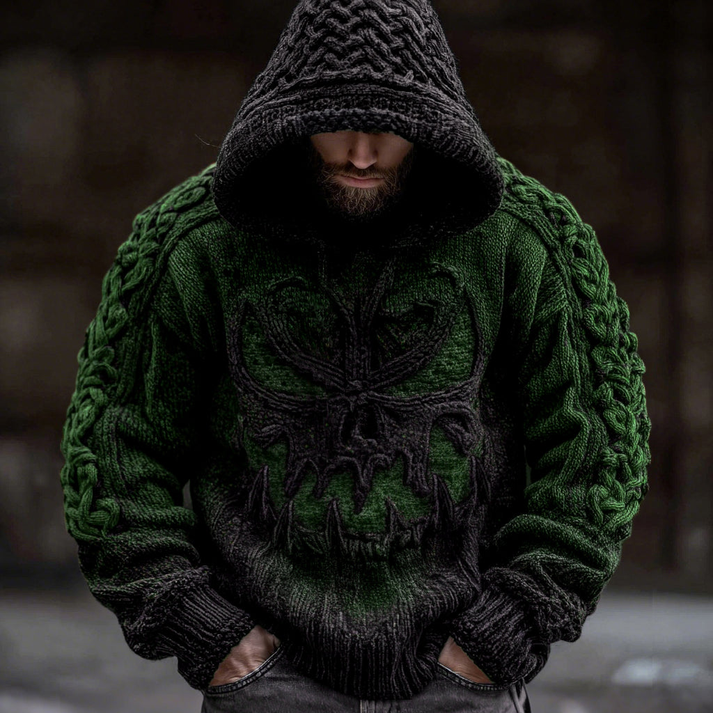 Men's Viking Devil Face Celtic Knot Jacquard Knit Hooded Sweater