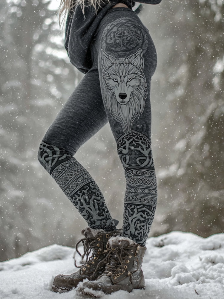 Vintage Viking Wolf Head Celtic Knot Knit Leggings